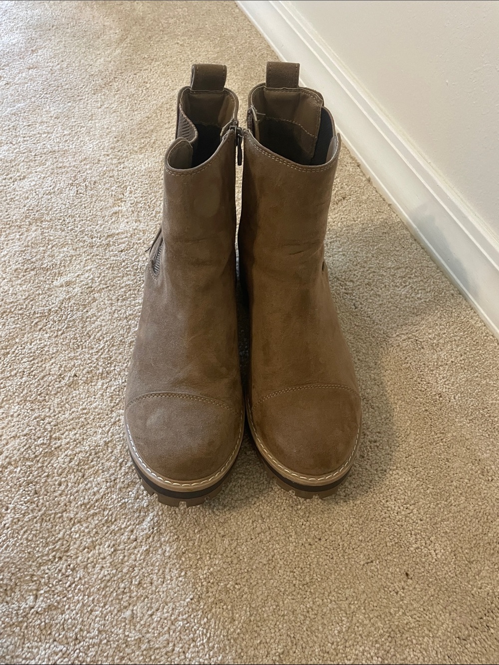 Time and Tru Taupe Suede Lug Sole Ankle Boots